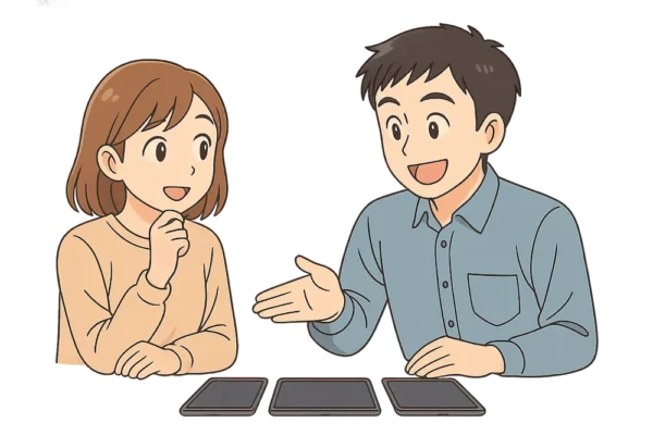 ひろとが説明しているシーン
ひろと：カメラやチップの違いを、手振りでわかりやすく教えている
ひな：「なるほど～」と聞きながら感心している