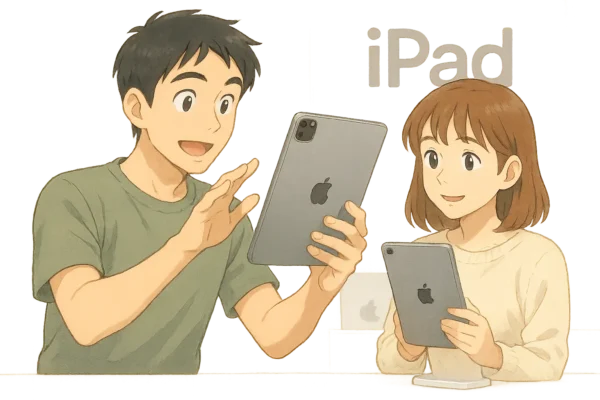 構図：ひろとが LiDARスキャナ付きの12.9インチ iPad Pro（第4世代） を手に持ち、ARアプリを試す仕草。陽菜は11インチモデルを見ながら感心している。 背景：Appleストア風の白い展示台、背面にシンプルなiPadロゴディスプレイ