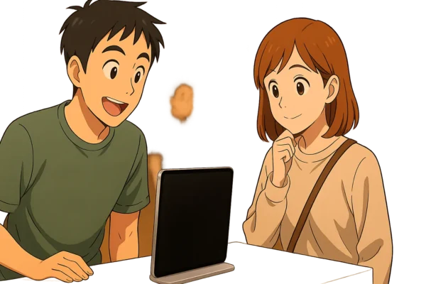 家電店でiPad Proを眺めるひろとと陽菜