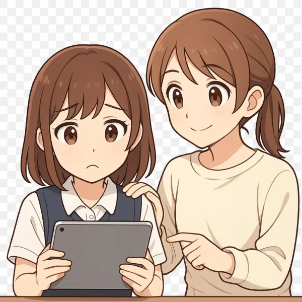 妹がiPadを持って首をかしげて困った顔、
姉が横で「大丈夫だよ」と微笑んで励ましている。