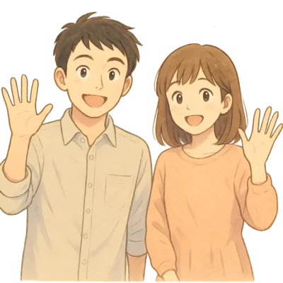 2人が並んで立ち、笑顔で手を振っている（「ありがとう！」のジェスチャー）。