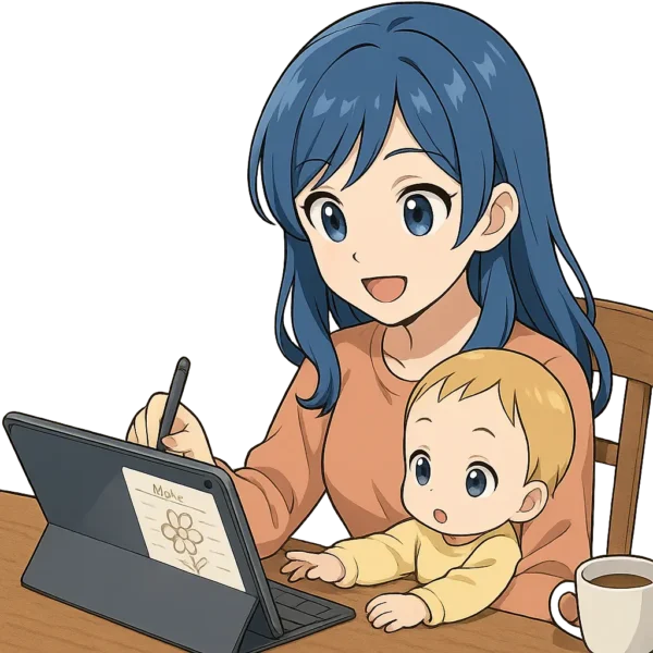 カフェ風のテーブルでノートアプリを使っている母子