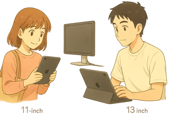 並んだ2台のiPadを持ち、カバンへの収まりを試す陽菜と、外部ディスプレイに繋ぐひろと