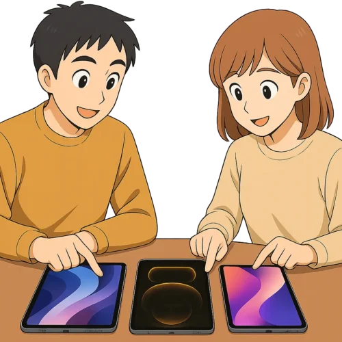 ひろとが3台のiPad Pro（第3・4・5世代）をテーブルに並べ、陽菜と一緒に画面をタッチしている。
→ 添付されたApple画像を参考に、3台のiPadをサイズ・カメラ位置で差別化して描画。