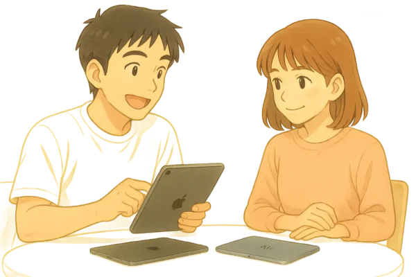 AirとProをテーブルに並べ、笑顔で話し合うひろとと陽菜