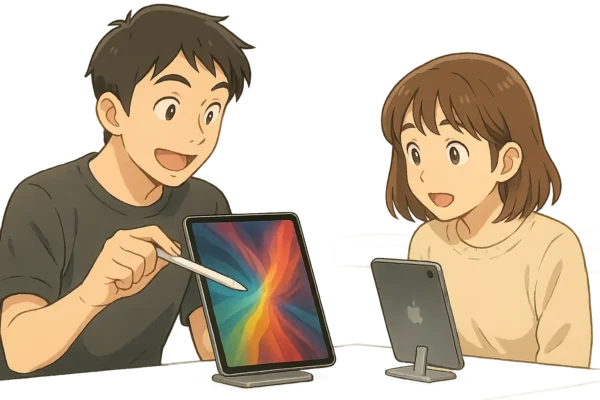 構図：ひろとが M2チップ搭載 iPad Pro（第6世代） を手に持ち、Apple Pencilの「ホバー機能」を試すように空中で動かしている。陽菜は「へえ！」と驚きながらその様子を見ている。