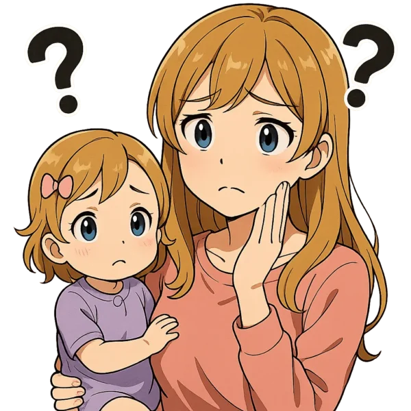 iPadAir第4世代は大丈夫かなー?サポートは?とクエスチョン?マークを出し、赤ちゃんと一緒に不安になっている様子