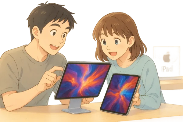 構図：12.9インチ iPad Pro（第5世代）をひろとが手にして Mini LEDの美しい画面 を見せるように角度を変えている。陽菜が「すごくきれい！」と目を輝かせて覗き込む。