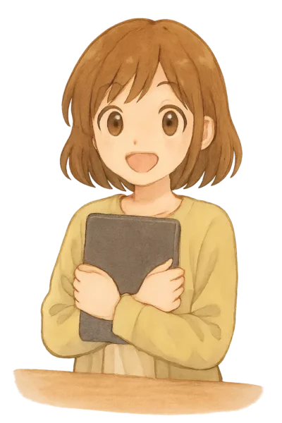 両手でiPadを抱えながら「整理しよう！」と明るい表情