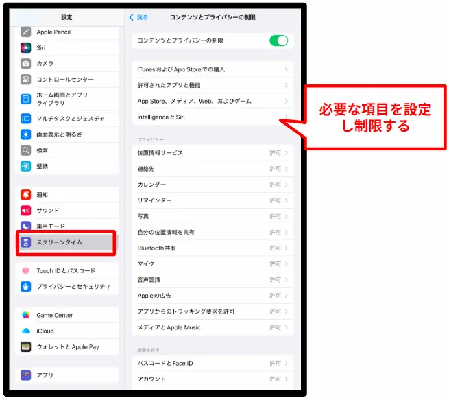 コンテンツとプライバシーの制限をオン