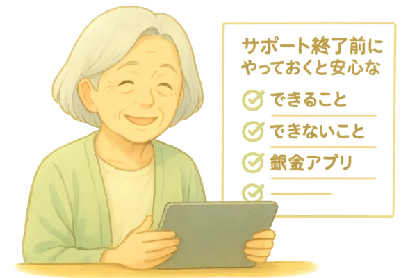 おばあちゃんが「チェックマーク」の入ったボードを見て安心して笑顔。