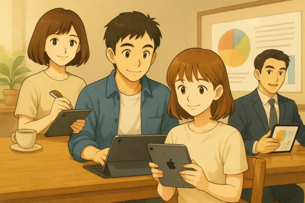 まなみ、ひろと、陽菜、たけるがiPadminiを使っている