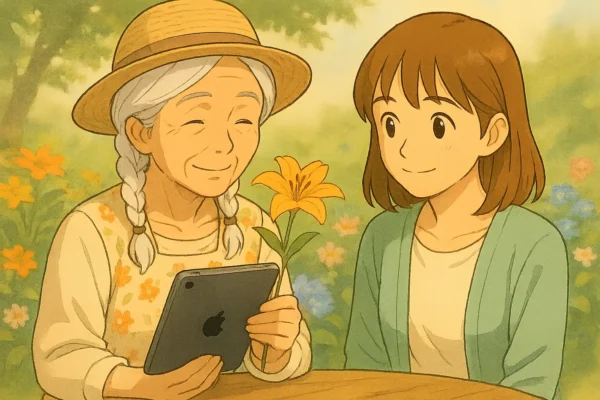 春子さんがiPadを持ちながら花を見つめている。陽菜がにっこりとそれを見ている。