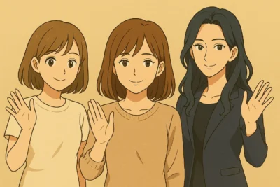 陽菜とまなみとみさきが読者に感謝の手を振っている