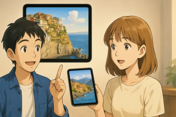 ひろとがiPad mini(第7世代）のディスプレイ・カメラ性能が進化しているということを四角いiPad mini画面を上に浮かしながら表現する。画面には旅行での美しい画像が表現されている。陽菜がきれいという表情をしている。