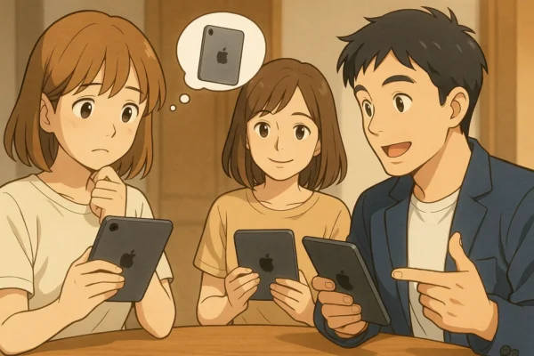 iPad miniを見つめて、ほしいかもと考えている陽菜、iPad mini所有のまなみとiPad miniの良さを解説するひろと