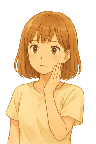 少し不安げな表情で、頬に手を当て、考え込むような表情。