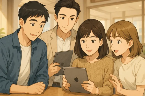 ひろとやたけるも加わり、3人〜4人でiPad miniを囲んで会話しているシーン
陽菜が質問して、まなみが答えているイメージ