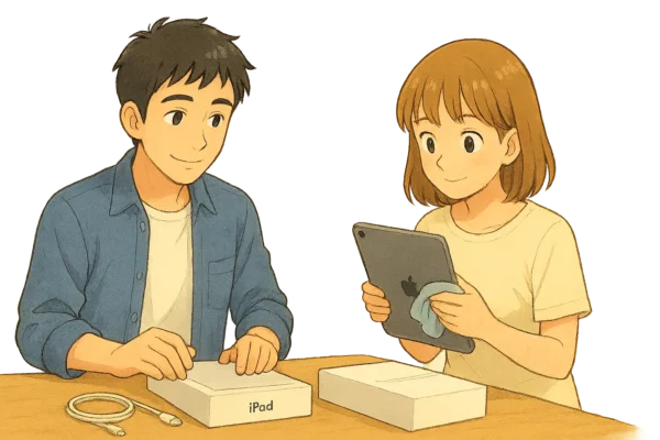 陽菜が布でiPadの画面を拭いている。
ひろとが箱やケーブルを揃えて、出品準備をしている。