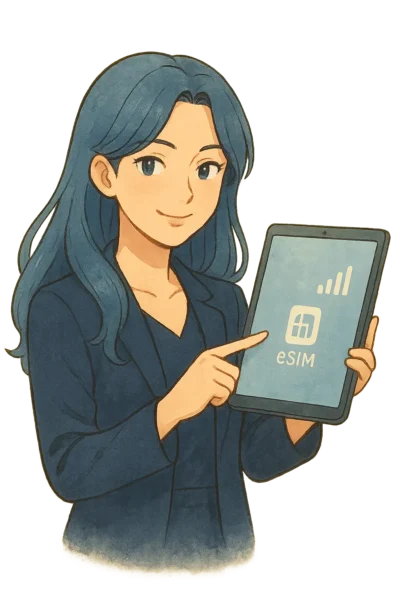 小さな信号バーと小さな eSIM カード シンボル (ロゴなし) が付いたタブレット、優しく指差すミサキ。