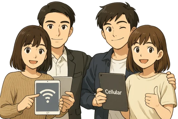 たけるとひろとが肩を組んでいる　その前に、まなみと陽菜がiPad miniとiPadを見せて笑顔で読者にWifi、セルラーどっちにしたいという動作をしている