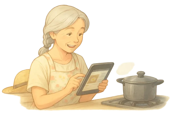 はるちゃんがキッチンでiPad第6世代を使って、料理のレシピを確認。