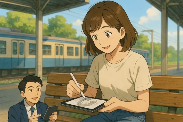 まなみが駅のベンチで電車を待っている間にさっとipad miniを出して、絵を描いている様子