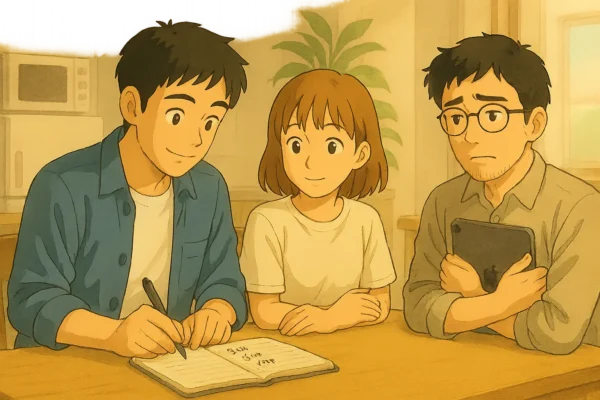 オフィスの休憩室。ひろとがノートに整理して選択肢を書き出し、陽菜が横でうなずき、さとしは古いAir3を持ちながらまた迷っている様子