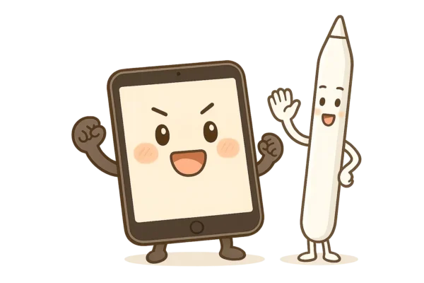 iPad mini（顔つき）が小さいけどすごいぞ！という可愛くエイエイオーという動作をしている様子。iPad pencil(顔つき）も応援している。