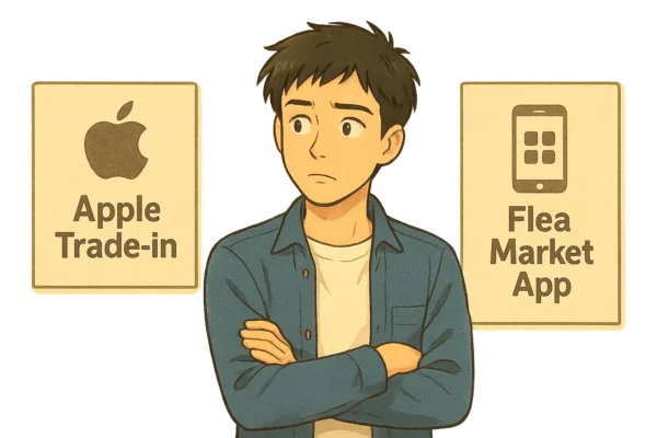 机の上に「Apple下取り」「買取ショップ」「フリマアプリ」のアイコンや看板風イラストが並ぶ。 ひろとが腕を組んで、どれにするか悩んでいる表情。
