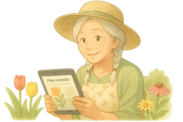 白髪を三つ編みにし、麦わら帽子をかぶった70代の優しい高齢女性が、古いiPadを手に優しく微笑んでいます。 彼女は庭に座り、花を眺めながら、iPadで植物図鑑アプリをチェックしています。
