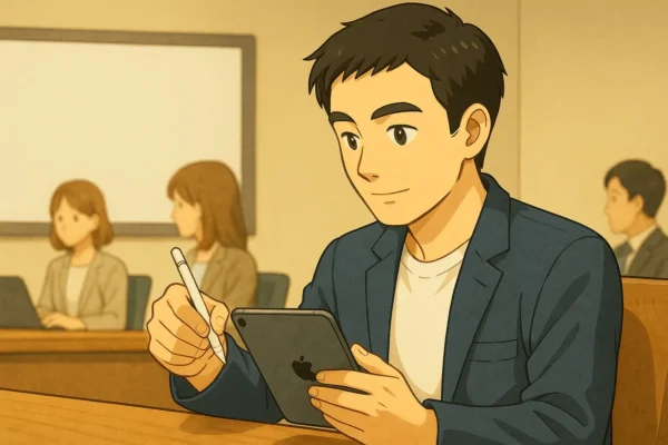 たけるが会議中にiPad miniにメモしている様子