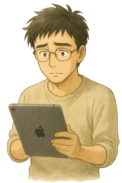 彼はiPadを、少し不安げで不安そうな表情で見つめており、まるでこの状態がいつまで続くのかと不安げな表情をしています。