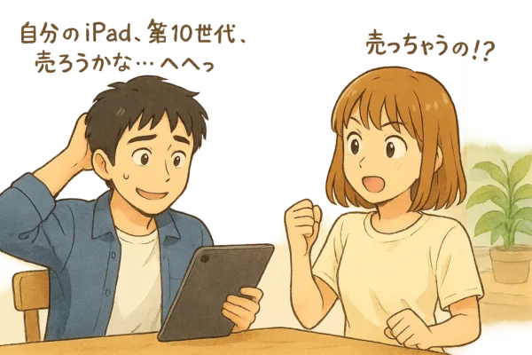陽菜とひろとが会社で休憩中。自分のiPad 第10世代売ろうかなとへへっ顔でひろとが話し掛ける。 陽菜は「え、売っちゃうの!」とびっくり机をたたいて立つ感じ。ひろとはあたまをこすりながら、焦り顔でそうなんだ、という顔。