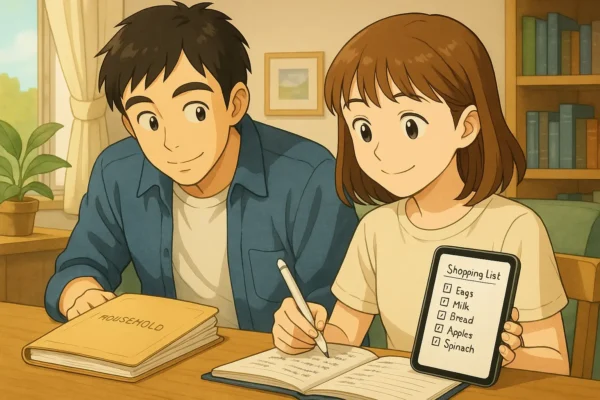 リビングで買い物リストを手書きしている陽菜
　家計簿ノートをのぞきこむひろとの姿もあり