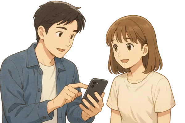 ひろとがiPhoneを操作しながら、陽菜にテザリング設定を教えるシーン 