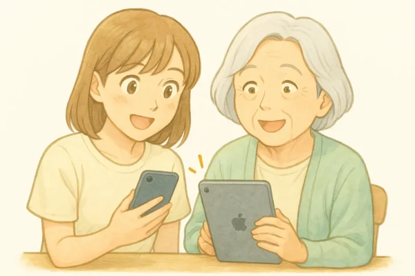 陽菜がスマホで価格を調べて、おばあちゃんが「へぇ!」と驚いているシーン。