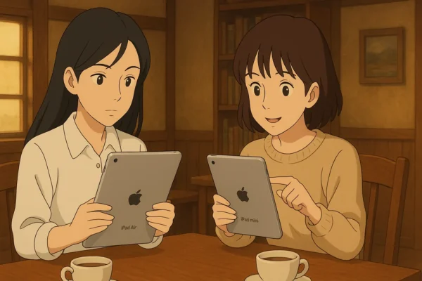 みさきとまなみがiPad AirとiPad miniを持ち、好奇心旺盛な表情で並べて比較。