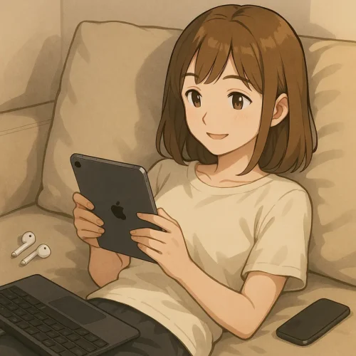 陽菜がiPad miniで動画を観ている、または本を読んでいるシーン
ベッドやソファなどリラックスした空間
ゆったりとした時間を楽しんでいる表情
