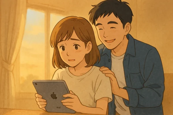 陽菜がひろと励まされて、最初不安だったけどiPad miniで絵を描きたいと思うようになってきた所。
ひろとが後ろで応援している。