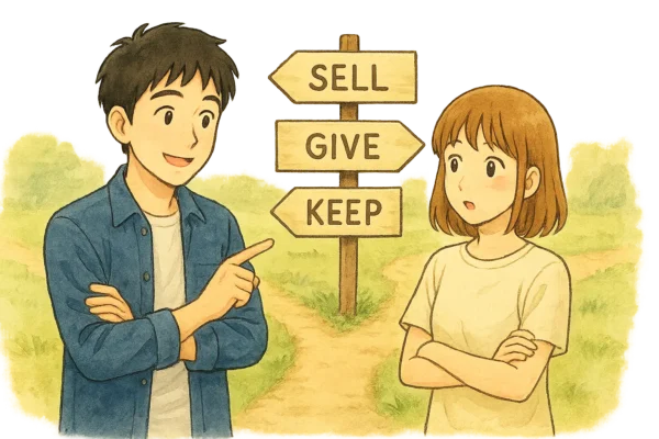 分かれ道の看板に「売る」「譲る」「残す」と書かれていて、
ひろとと陽菜が道の前で「どっちに行く?」と相談している。