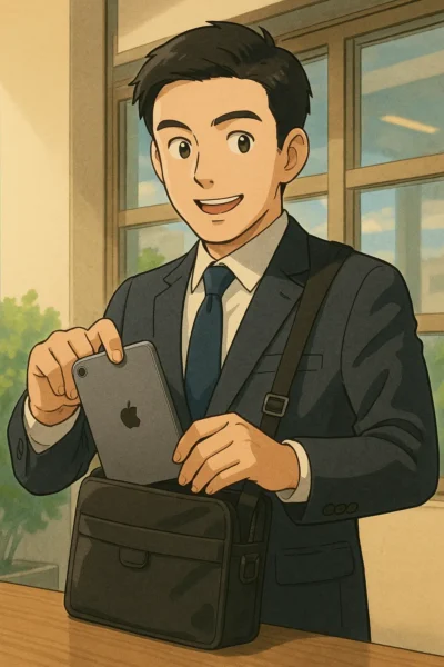 たけるがiPad miniを営業のかばんに入れて、こちらを見てにこっとしている