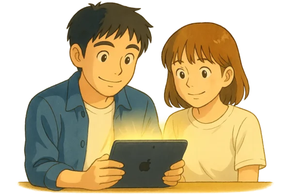ヒロトとヒナが並んで座り、同じ光るiPadを驚きの表情で見つめている。Appleのインテリジェンスを象徴する存在だ。