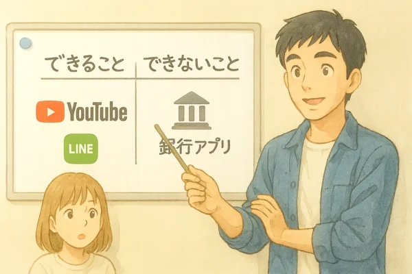 ホワイトボードに「できること(YouTube・LINE)」と「できないこと(銀行アプリ)」を分けて説明するひろと。(ちょっと先生風)
