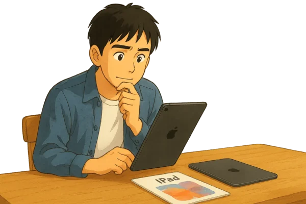 ひろとが机に向かって、手元のiPad第9世代をじっと見つめている。 横に第10世代やAirのカタログが積まれていて、少し迷った表情。
