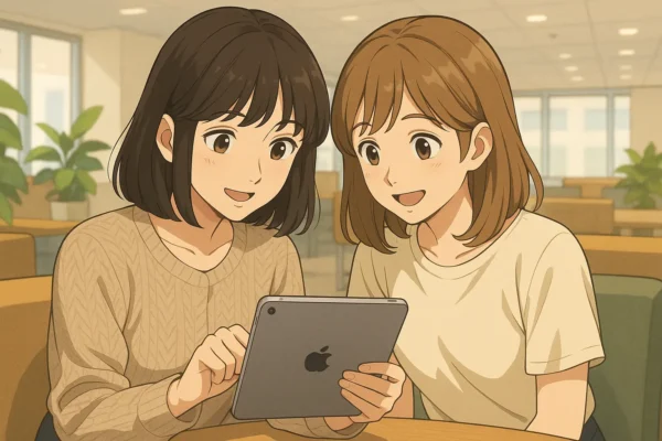iPad miniを操作しているまなみと陽菜 2人が画面を覗き込んでアプリを選んでいるイメージ