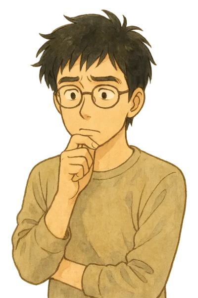 サトシは丸眼鏡を少しずらし、顎に手を当て、何かを決めかねているような表情をしている。
