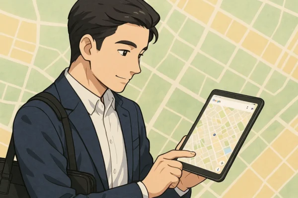 たけるがiPad miniでGoogleマップを確認している様子