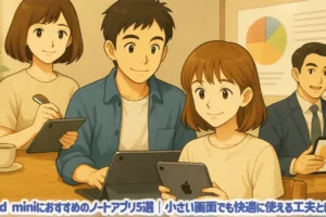 たけるが会議中にiPad miniにメモしている様子