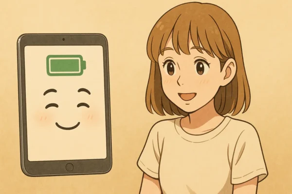 iPad mini(第7世代）可愛い顔ありはバッテリーもちで安心感があるよっていう静かなアピール。陽菜もそれいいねってにっこりしている。
